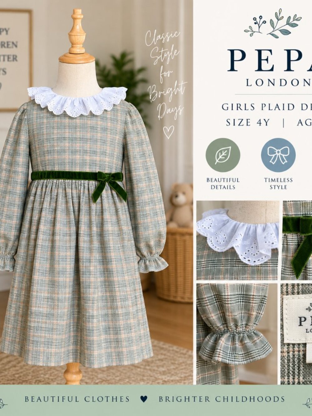 Pepa London Girls Plaid Dress 4Y | White Eyelet Collar | Green Velvet Belt